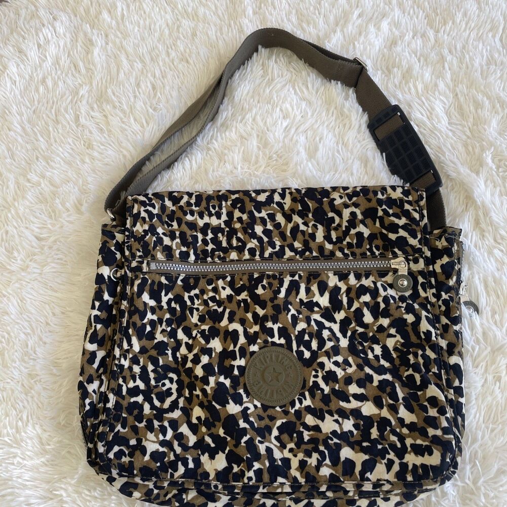 Kipling Messenger Army Green Black Tan Camo Leopard Crossbody Bag